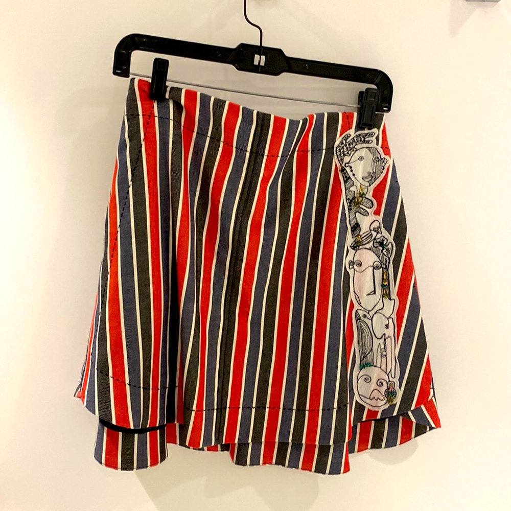 Carven Red, Navy & White Striped Mini Skirt with Graphic Detail